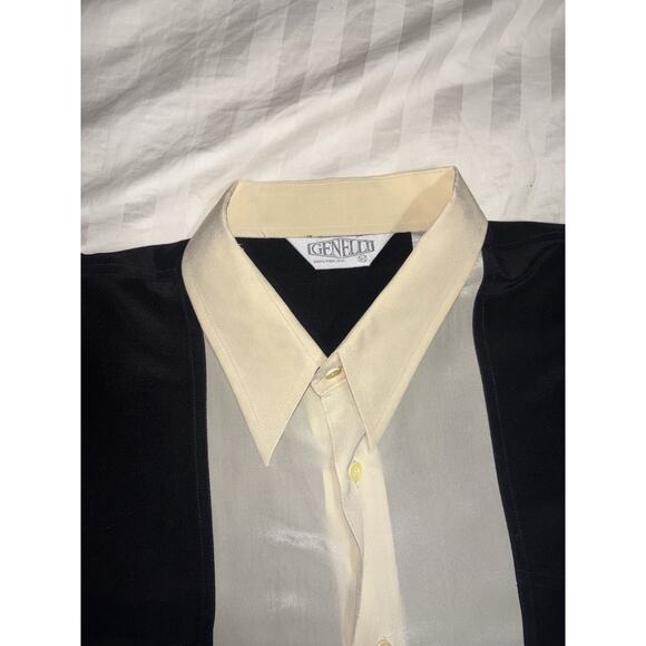 VINTAGE MENS GENELLI Black And Cream Two Tone SILK SHIRT NEHRU COLLAR XL Tall - Picture 3 of 8